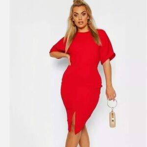 NEW BOOHOO Woman’s Short Sleeve Knee Length Bodycon Dress 16 - RED